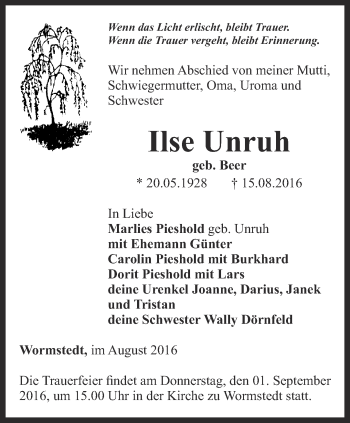 Traueranzeige von Ilse Unruh von Thüringer Allgemeine, Thüringische Landeszeitung