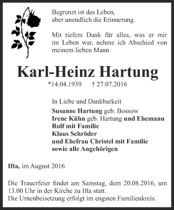 Traueranzeige von Karl-Heinz Hartung von Thüringer Allgemeine, Thüringische Landeszeitung