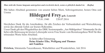 Traueranzeige von Hildegard Frey von Thüringer Allgemeine, Thüringische Landeszeitung