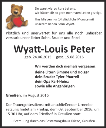Traueranzeige von Wyatt-Louis Peter von Thüringer Allgemeine