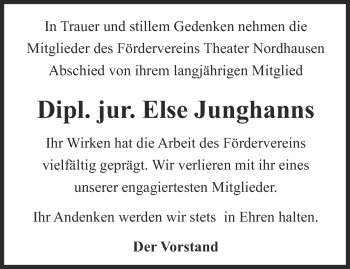 Traueranzeige von Else Junghanns von Thüringer Allgemeine