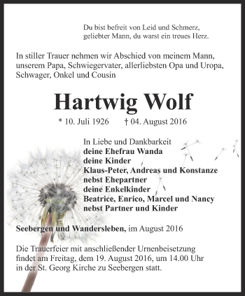 Traueranzeige von Hartwig Wolf von Ostthüringer Zeitung, Thüringische Landeszeitung