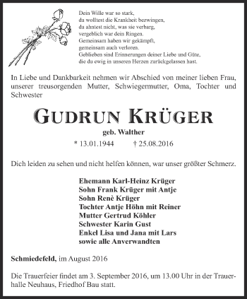 Traueranzeige von Gudrun Krüger von Ostthüringer Zeitung