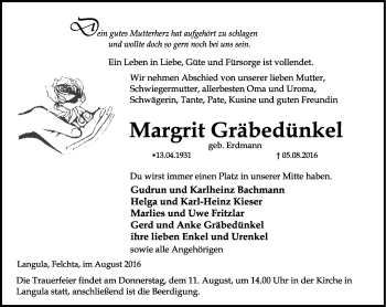 Traueranzeige von Margrit Gräbedünkel von Thüringer Allgemeine, Thüringische Landeszeitung