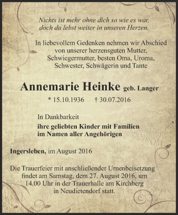 Traueranzeige von Annemarie Heinke von Thüringer Allgemeine, Thüringische Landeszeitung