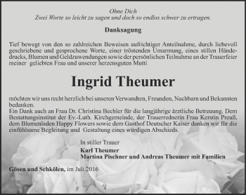 Traueranzeige von Ingrid Theumer von Ostthüringer Zeitung