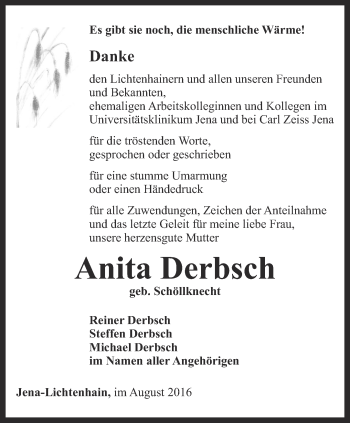 Traueranzeige von Anita Derbsch von Ostthüringer Zeitung, Thüringische Landeszeitung