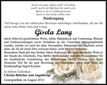 Traueranzeige von Gisela Lang von Ostthüringer Zeitung, Thüringische Landeszeitung