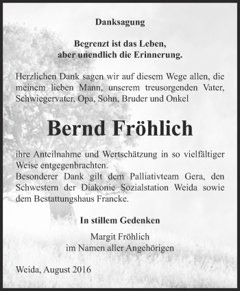 Traueranzeige von Bernd Fröhlich von Ostthüringer Zeitung