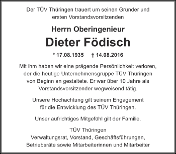 Traueranzeige von Dieter Födisch von Thüringer Allgemeine, Thüringische Landeszeitung, Ostthüringer Zeitung