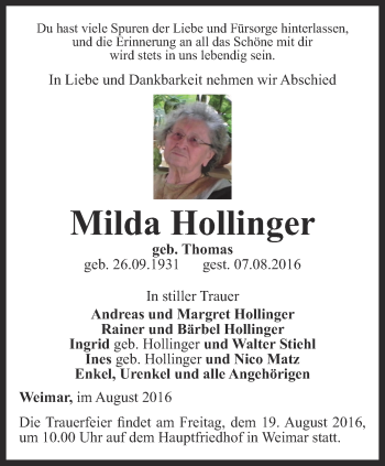 Traueranzeige von Milda Hollinger von Thüringer Allgemeine, Thüringische Landeszeitung