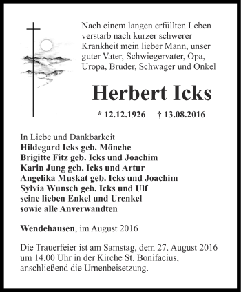 Traueranzeige von Herbert Icks von Thüringer Allgemeine, Thüringische Landeszeitung