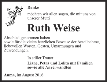 Traueranzeige von Ruth Weise von Ostthüringer Zeitung