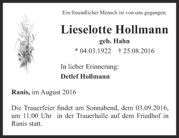 Traueranzeige von Lieselotte Hollmann von Ostthüringer Zeitung