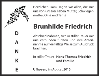 Traueranzeige von Brunhilde Friedrich von Thüringer Allgemeine, Thüringische Landeszeitung