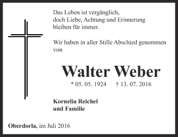 Traueranzeige von Walter Weber von Thüringer Allgemeine, Thüringische Landeszeitung