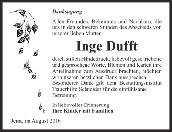 Traueranzeige von Inge Dufft von Ostthüringer Zeitung, Thüringische Landeszeitung