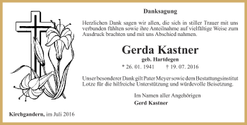 Traueranzeige von Gerda Kastner von Thüringer Allgemeine