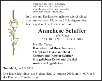 Traueranzeige von Anneliese Schiffer von Thüringer Allgemeine, Thüringische Landeszeitung