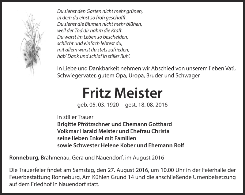  Traueranzeige für Fritz Meister vom 23.08.2016 aus Ostthüringer Zeitung