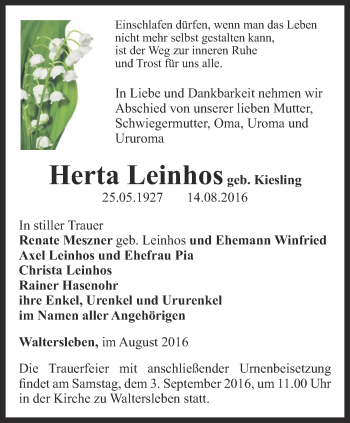 Traueranzeige von Herta Leinhos von Thüringer Allgemeine, Thüringische Landeszeitung