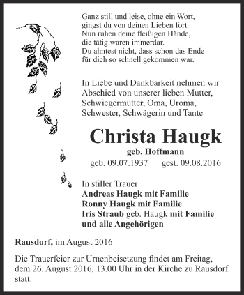 Traueranzeige von Christa Haugk von Ostthüringer Zeitung