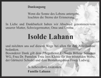 Traueranzeige von Isolde Lahann von Ostthüringer Zeitung