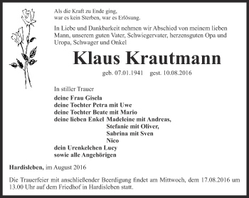 Traueranzeige von Klaus Krautmann von Thüringer Allgemeine