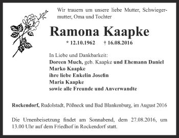 Traueranzeige von Ramona Kaapke von Ostthüringer Zeitung