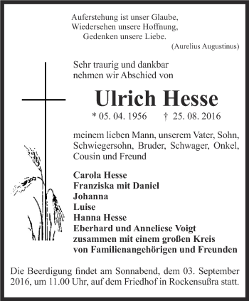 Traueranzeige von Ulrich Hesse von Thüringer Allgemeine