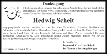 Traueranzeige von Hedwig Scheit von Thüringer Allgemeine, Thüringische Landeszeitung