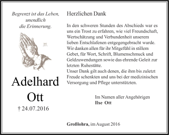 Traueranzeige von Adelhard Ott von Thüringer Allgemeine