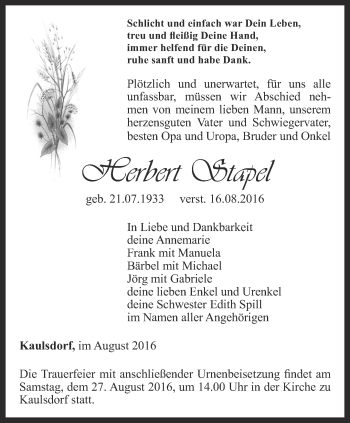 Traueranzeige von Herbert Stapel von Ostthüringer Zeitung