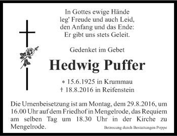 Traueranzeige von Hedwig Puffer von Thüringer Allgemeine