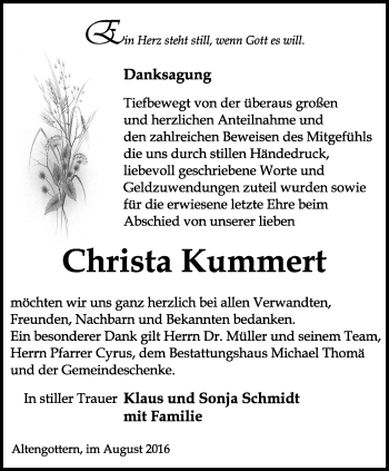 Traueranzeige von Christa Kummert von Thüringer Allgemeine, Thüringische Landeszeitung