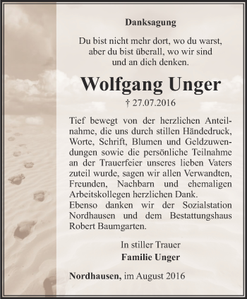 Traueranzeige von Wolfgang Unger von Thüringer Allgemeine