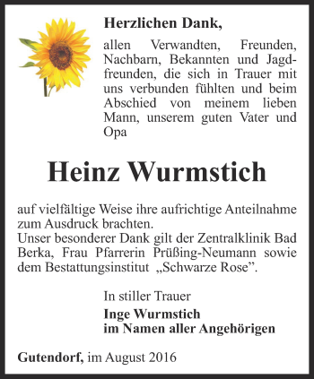 Traueranzeige von Heinz Wurmstich von Thüringer Allgemeine, Thüringische Landeszeitung