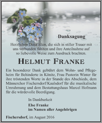 Traueranzeige von Helmut Franke von Ostthüringer Zeitung