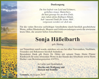 Traueranzeige von Sonja Häßelbarth von Ostthüringer Zeitung