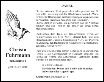 Traueranzeige von Christa Fuhrmann von Thüringer Allgemeine