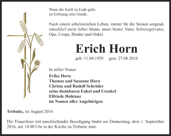 Traueranzeige von Erich Horn von Ostthüringer Zeitung