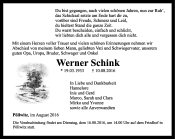 Traueranzeige von Werner Schink von Ostthüringer Zeitung