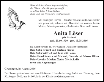 Traueranzeige von Anita Löser von Thüringer Allgemeine