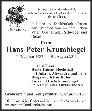 Traueranzeige von Hans-Peter Krumbiegel von Ostthüringer Zeitung