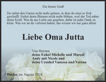 Traueranzeige von Jutta Kühnlenz von Ostthüringer Zeitung, Thüringische Landeszeitung