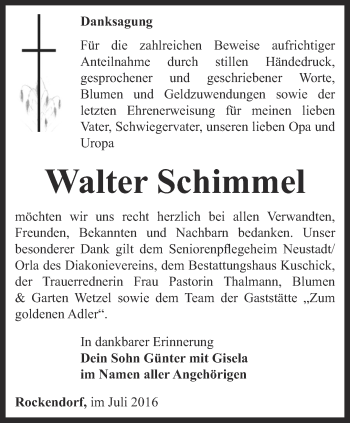 Traueranzeige von Walter Schimmel von Ostthüringer Zeitung