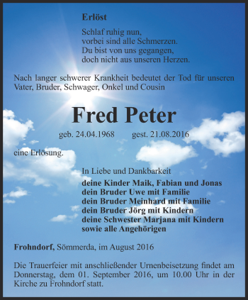 Traueranzeige von Fred Peter von Thüringer Allgemeine