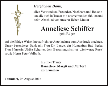 Traueranzeige von Anneliese Schiffer von Thüringer Allgemeine, Thüringische Landeszeitung