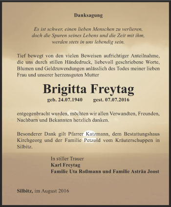 Traueranzeige von Brigitta Freytag von Ostthüringer Zeitung