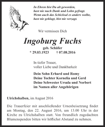 Traueranzeige von Ingoburg Fuchs von Thüringer Allgemeine, Thüringische Landeszeitung